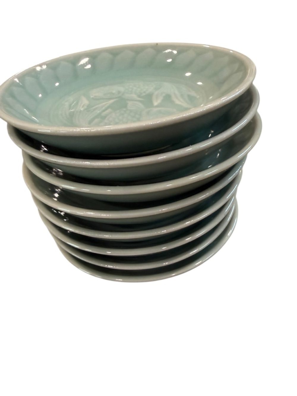 Longquan Celadon Green Koi Fish 4 inch Round Sauce Dip Dish Set of 8 Dishes